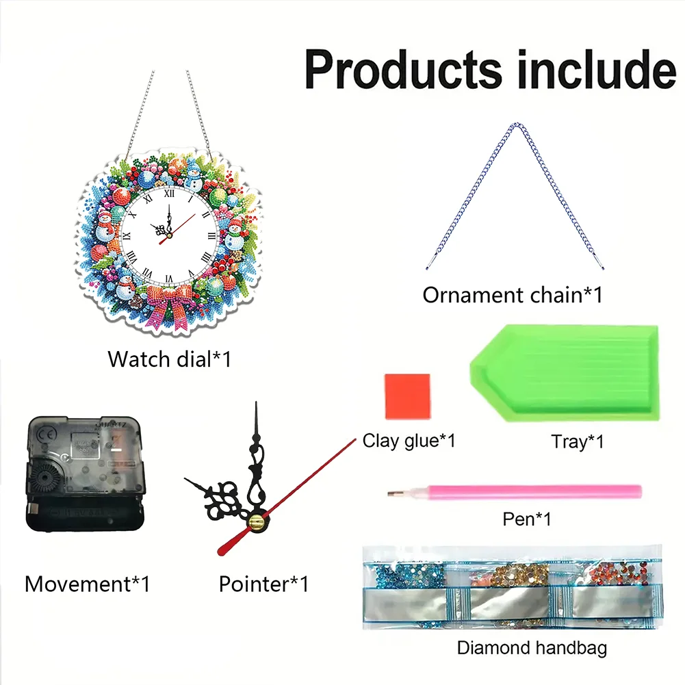 2D Flat DIY Christmas Snowman Acrylic Diamond Painting Clock Pendant Home Decor