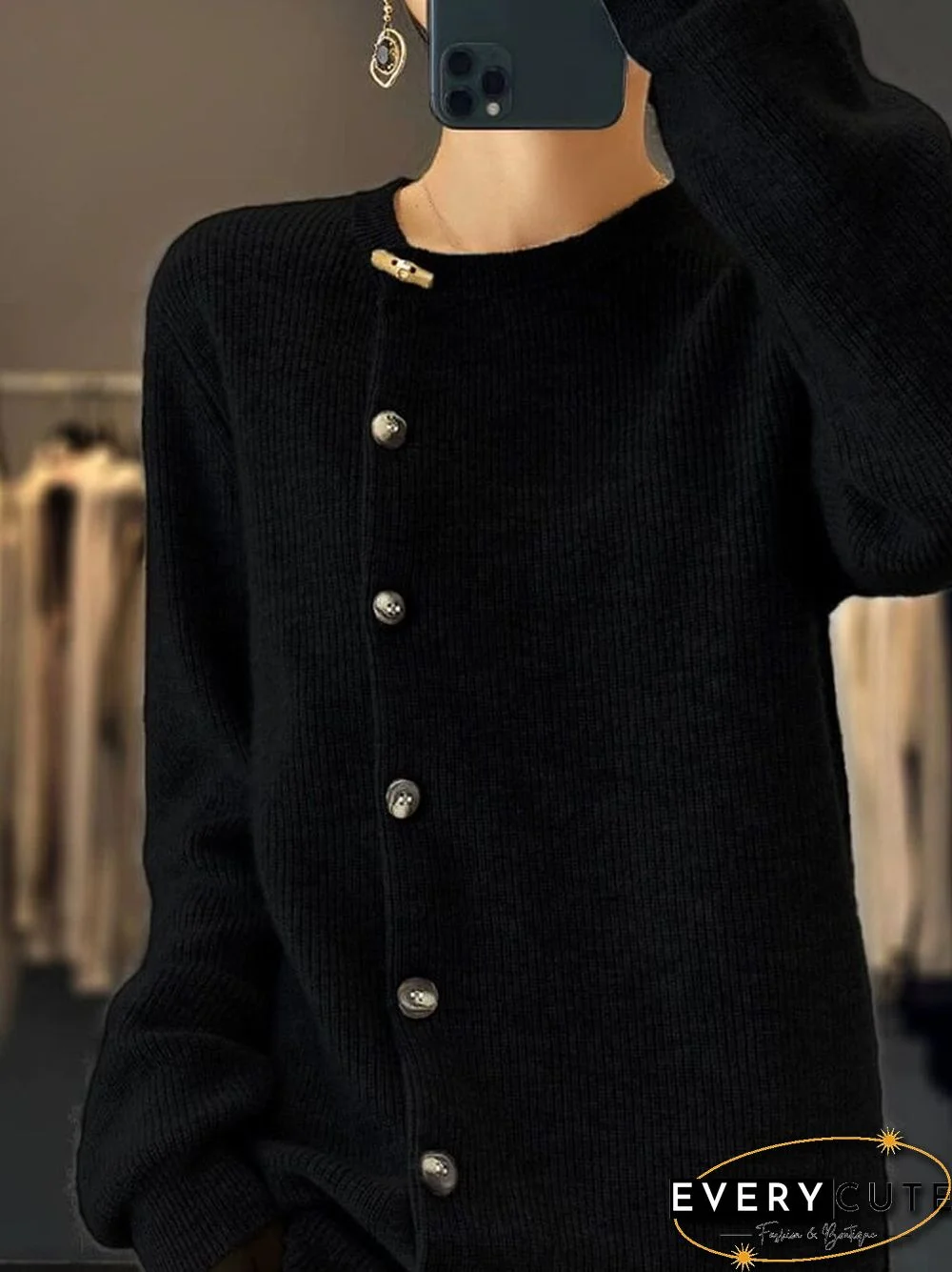 Women's Fashion Slouchy Round Neck Toggle Button Front Loose Knit Sweater