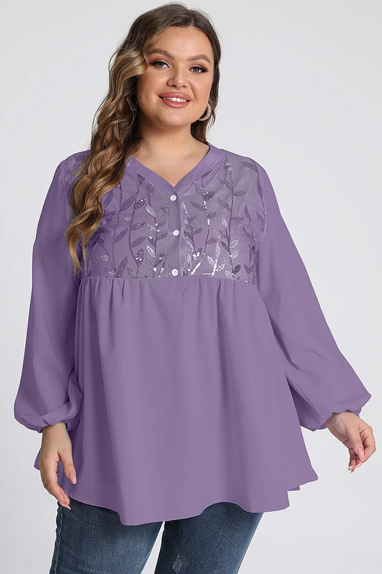 Plus Size Leaf Sequin Lantern Sleeve V Neck Tunic Blouse FlyCurvy Flycurvy [product_label]
