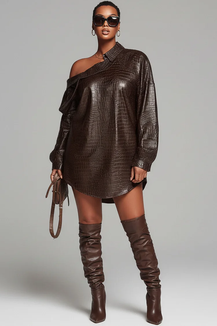 Xpluswear Design Plus Size Party Brown Oblique Collar Long Sleeve Crocodile Embossed Casual PU Leather Mini Dresses - Xpluswear.com Xpluswear Design Plus Size Party Brown Oblique Collar Long Sleeve Crocodile Embossed Casual PU Leather Mini Dresses - Xpluswear.com