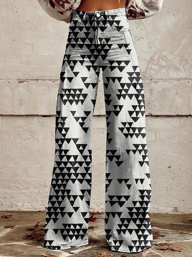 Black and White Women's Disordered Triangles Print Casual Wide Leg Pants