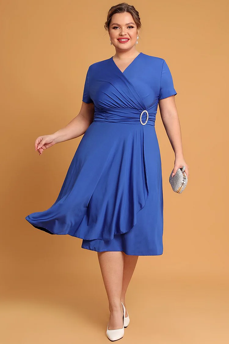 Flycurvy Plus Size Mother Of The Bride Dark Blue Cascade Design Ruched Waist V Neck Tunic Midi Dresses FlyCurvy Flycurvy [product_label]