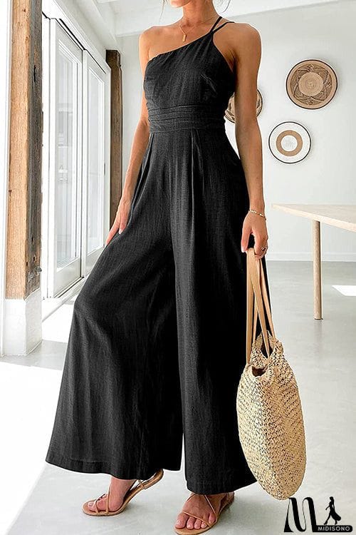 MidiSono - One Shoulder Straps Wide Leg Jumpsuits