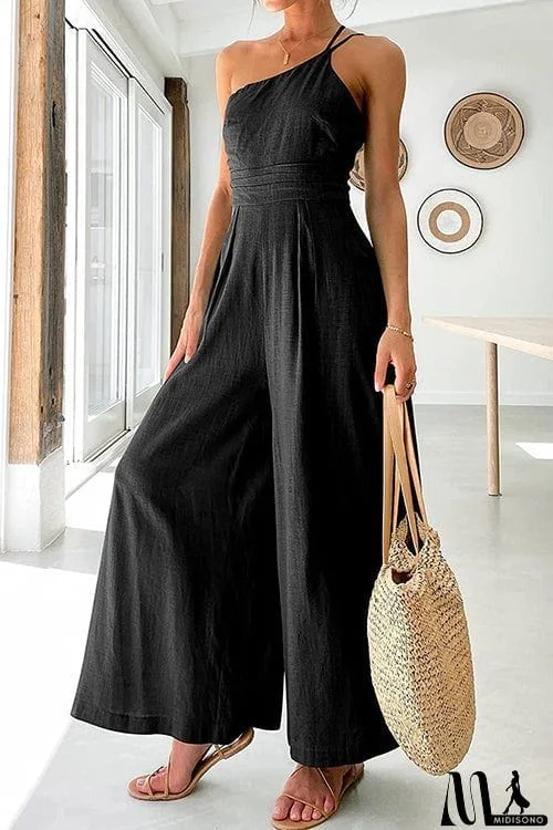 MidiSono - One Shoulder Straps Wide Leg Jumpsuits