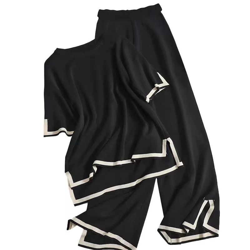 Uveng Uveng Fashion Suit Temperament Bumpy Open-Sleeved Knit Shirt + High Waist Display Thin Leg Trousers Two-Set