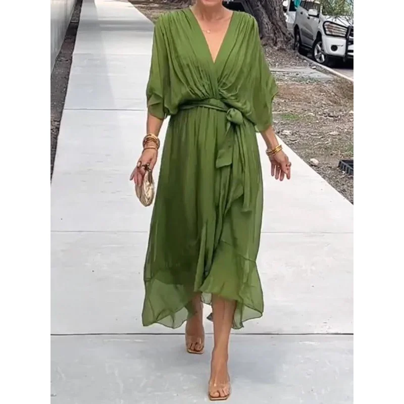 Uveng Uveng New Women's Solid Color With Long Skirt Bat Sleeve Irregular Dress Large