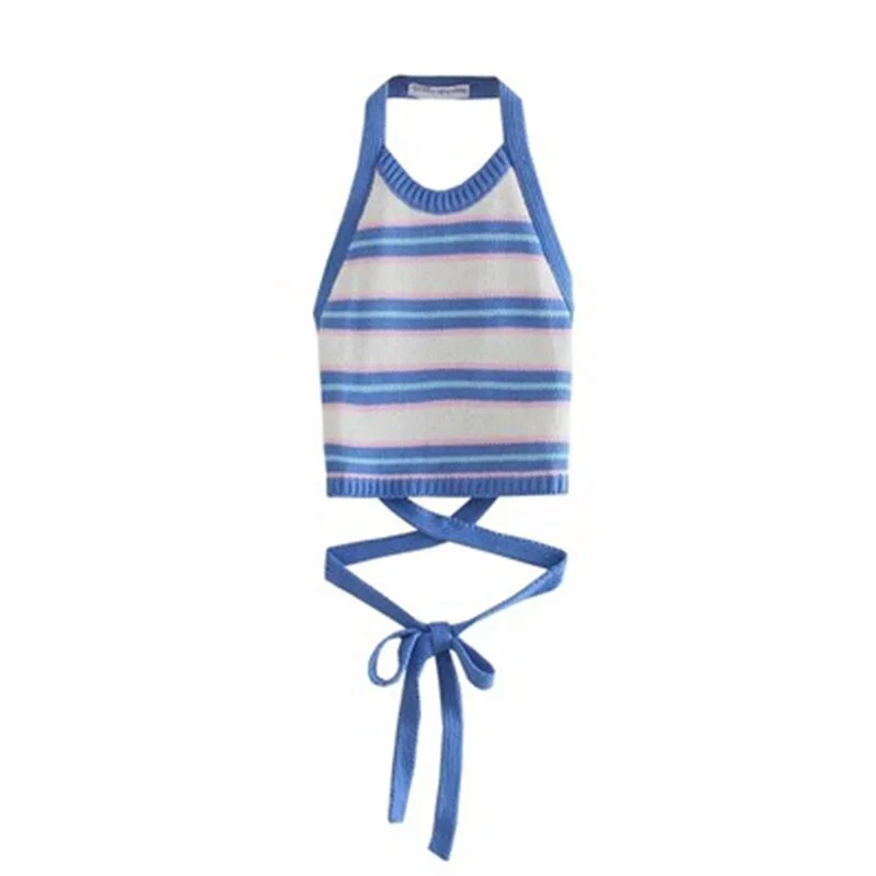 Striped Pattern Halter Knit Top Summer Fairy Grunge Sleeveless Backless Tanks 2000s Women Harajuku Clothes Streetwear