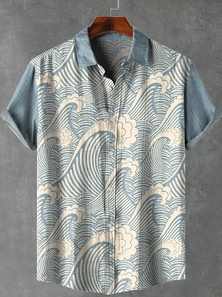 Men's Retro Waves Japanese Art Print Linen Blend Shirt