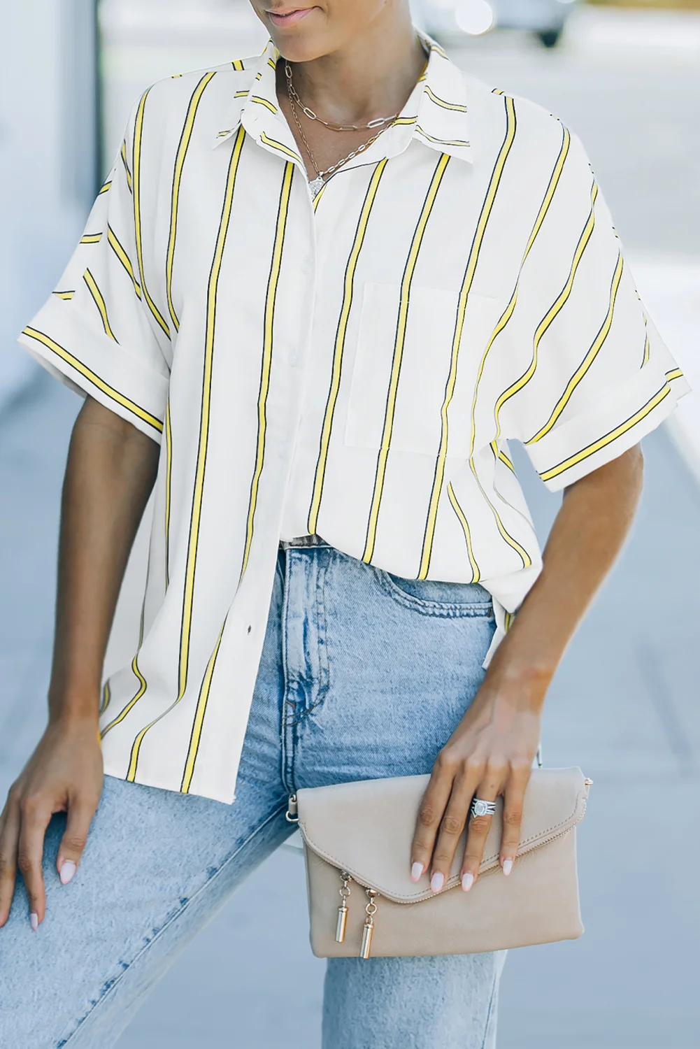 Yellow Striped Short Sleeve Buttoned Pocket Shirt | IFYHOME