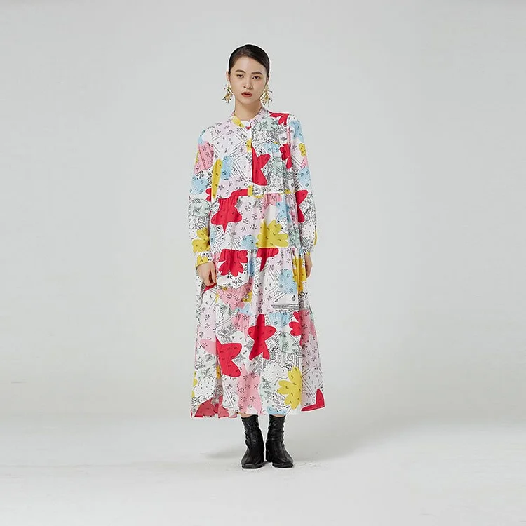 Design Loose Half Stand Collar Colorful Pattern Printed Long Sleeve Dress