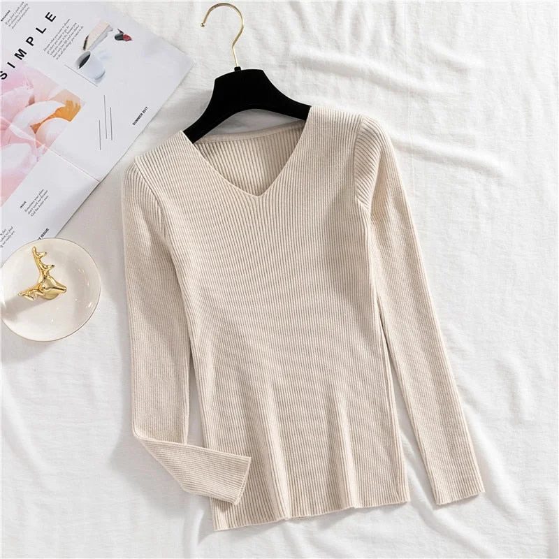 Zoki Sexy V Neck Women Pullover Sweater Fashion Autumn Winter Long Sleeve Knitted Jumper Top Casual Korean Slim Basic Blouse