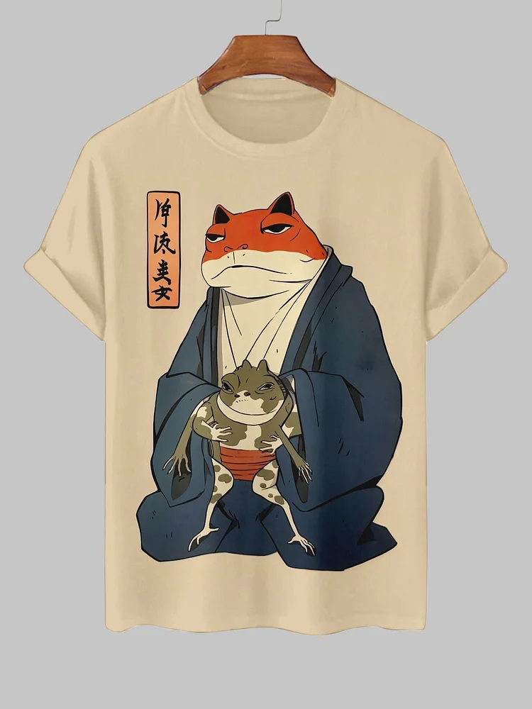 Men's Kimono Cat Holding A Frog Japanese Graphic Print T-Shirt