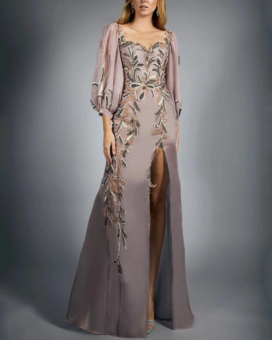 Women' Long Sleeve Slit Embroidered Dress