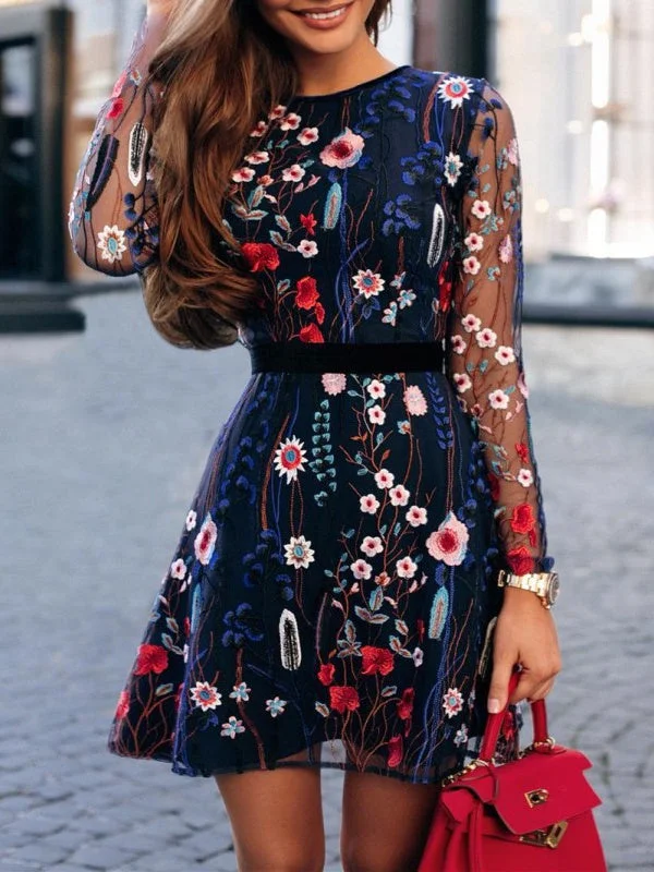 Women plus size clothing Women Long Sleeve Scoop Neck Floral Printed Dress-Nordswear
