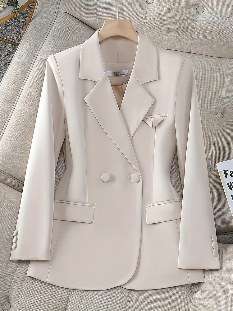 Women's Elegant Double-Breasted Blazer - Light Beige H-Silhouette Tailored Jacket With Notch Lapel & Back Slit, Machine-Washable Versatile All-Season Outerwear For Casual & Formal Occasions, Office Attire, Classic Silhouette, Refined Stitching
