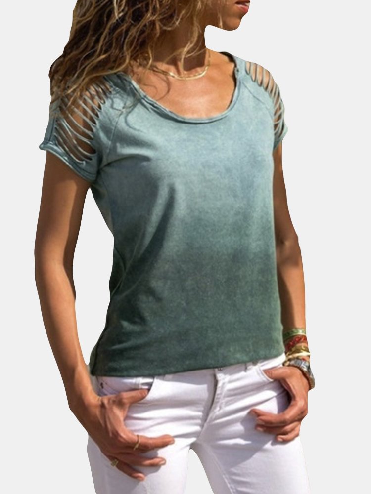 Gradient Hollow Short Sleeve Casual T shirt For Women P1447069