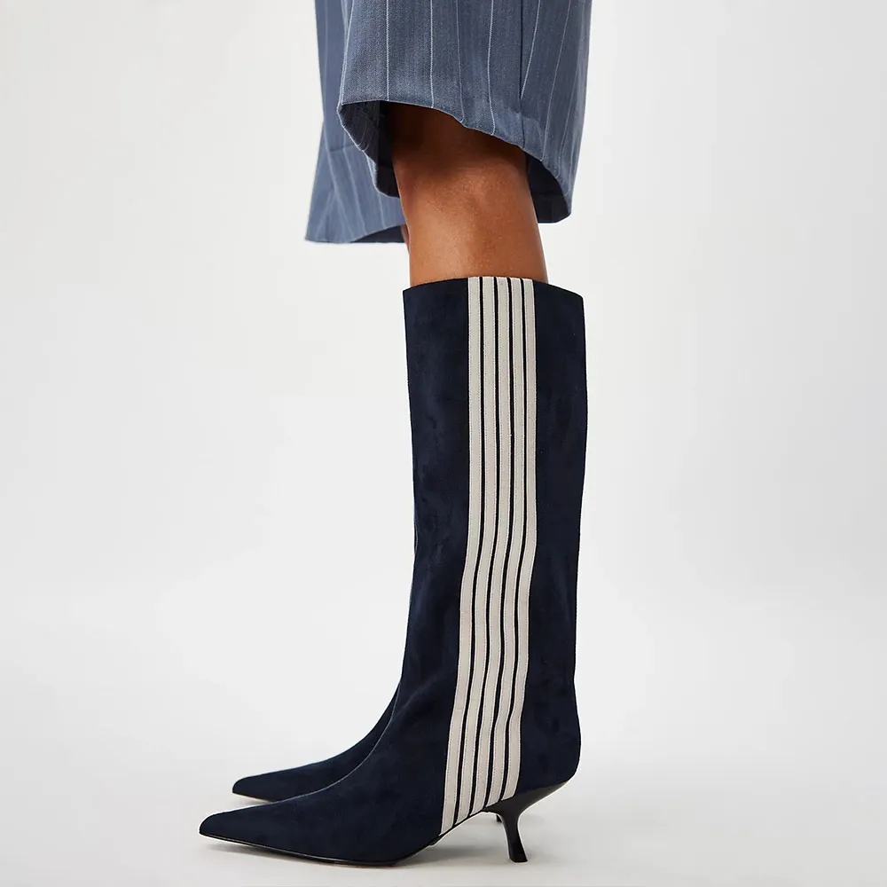 Navy Pointed Toe White Stripes Kitten Heel Zip Below The Knee Boots
