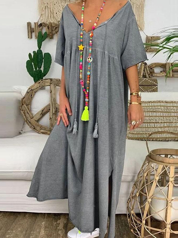 Women's Half Sleeve V-neck Solid Color Maxi Dress