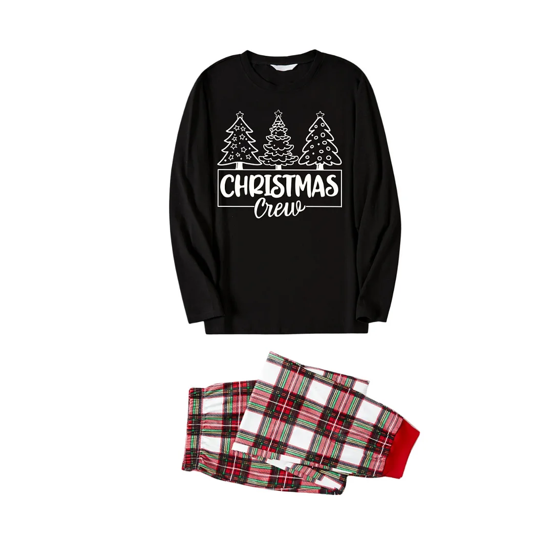 Christmas Tree and Text Print Black Long Sleeve Top with Red & White & Green Plaid Family Matching Pajamas
