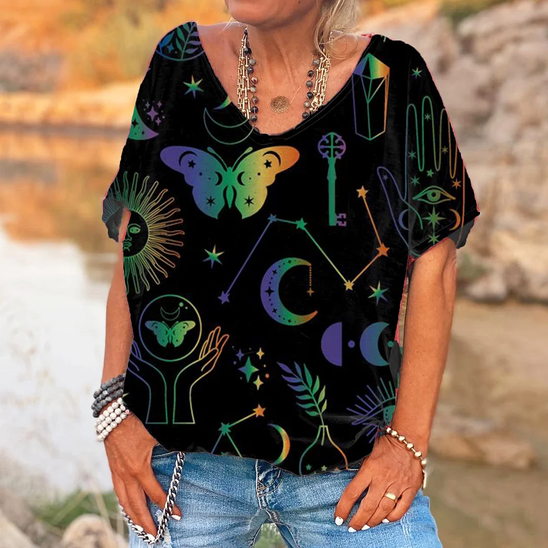 Mysterious Moon Butterfly Print V-Neck Women's T-Shirt