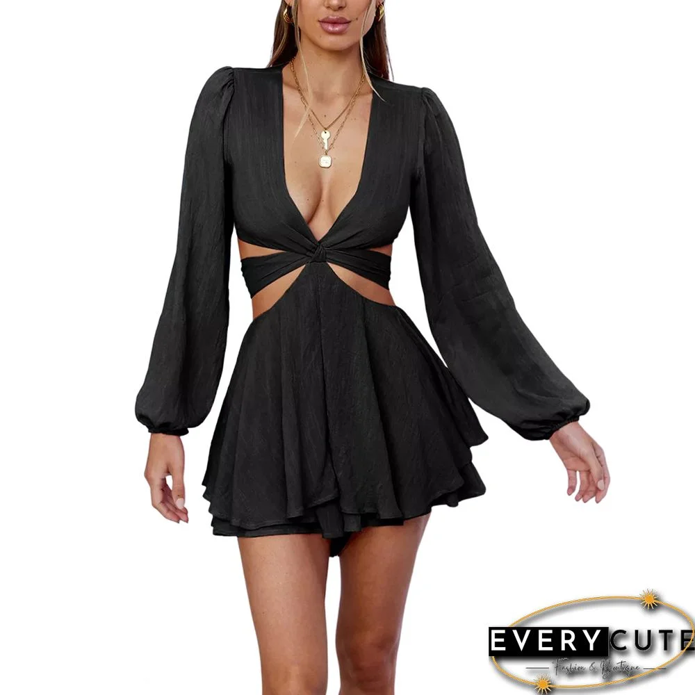 Black Deep V Neck Hollow Out Lantern Sleeve Romper