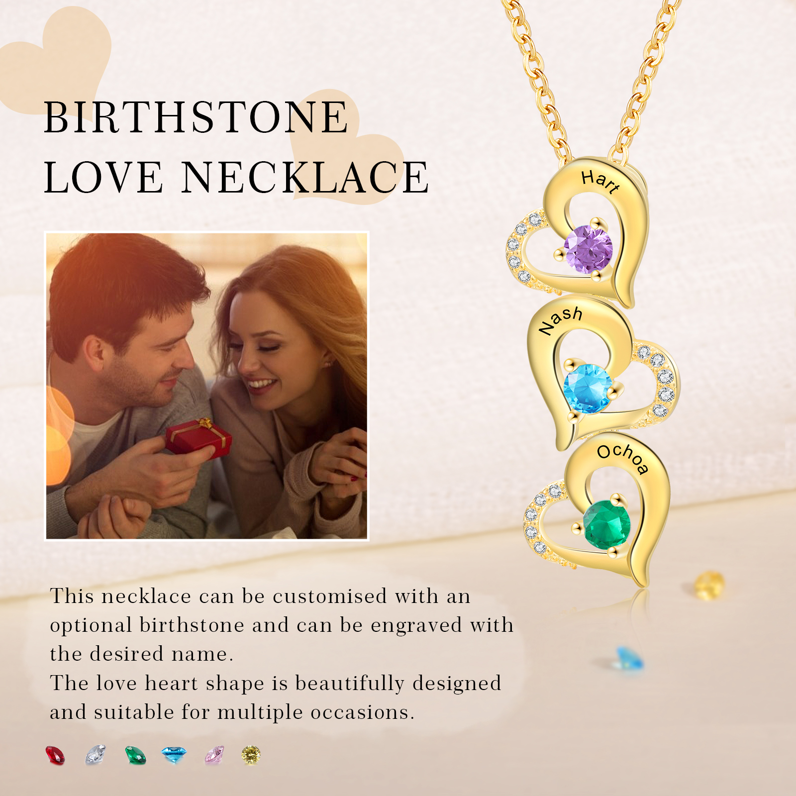 3 Names - Personalised Heart Pendant Necklace Custom Birthstones & Names Necklace Birthday Gift for Her-Jessemade AU