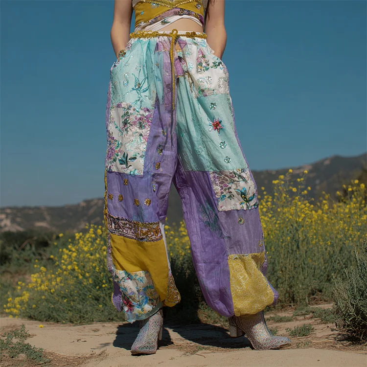 Utbros Vintage Boho Floral Patchwork Ethnic Embroidery Women's Linen Trousers