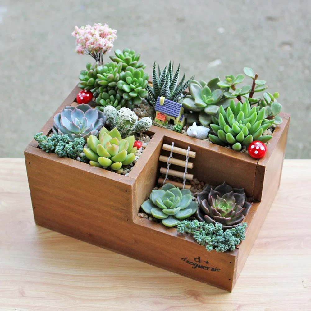 Wooden Flower Garden Succulent Plant Pot Retro Storage Box Office Decor (3