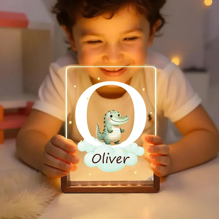 Personalized Cute Forest Animal Acrylic Cloud Star LED Night Light with Wooden Base Name and Initial Birthday Children's Day Gift for Boys Girls