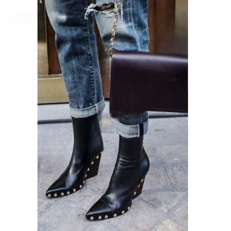 VCshoes Pointed Toe Studded Leather Mid Calf BootsWooden Wedge Women Boots Zip Heel Boots Plus Size Zapatos Para Mujere
