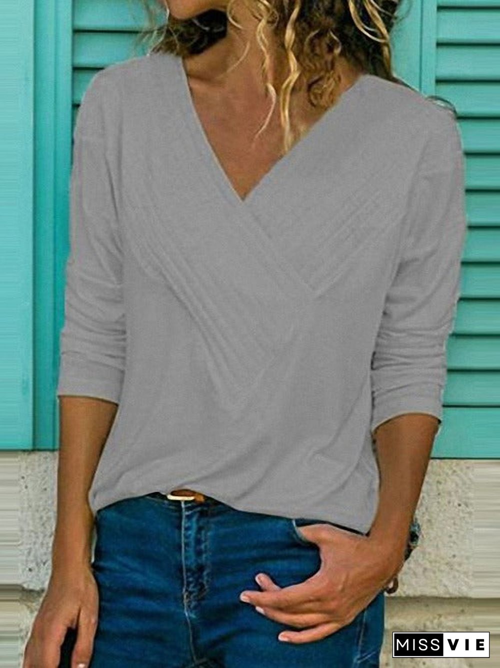 Women Long Sleeve V-neck Printed Tops