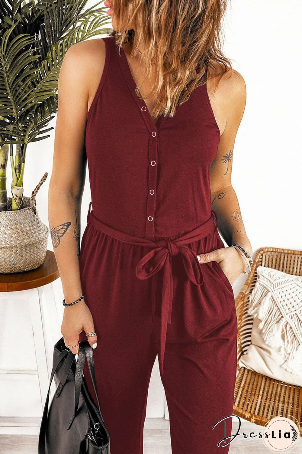 Button Up Sleeveless Tie Front Tank Jumpsuit