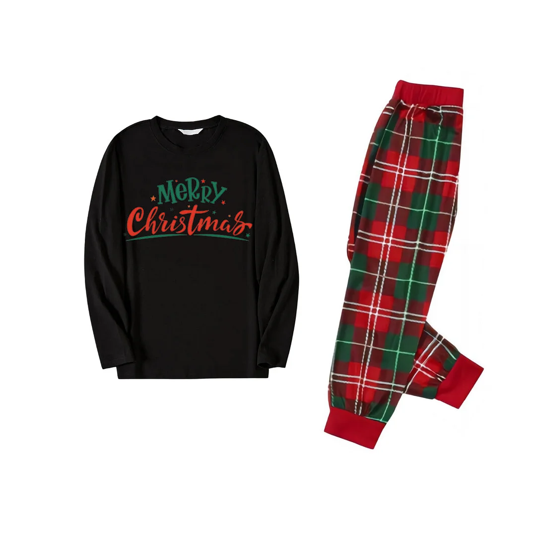 "Merry Christmas" Surrounded By Stars - Black Top with Red & Green Plaid Pants Family Matching Pajama
