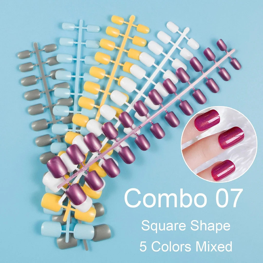 24 Pieces/Set, 5 Sets Mixed Colors Short Square False Nail Tips Press on Fake Nail Tips 10 Sizes Full Cover Nails Combo 09-Nail Inspo