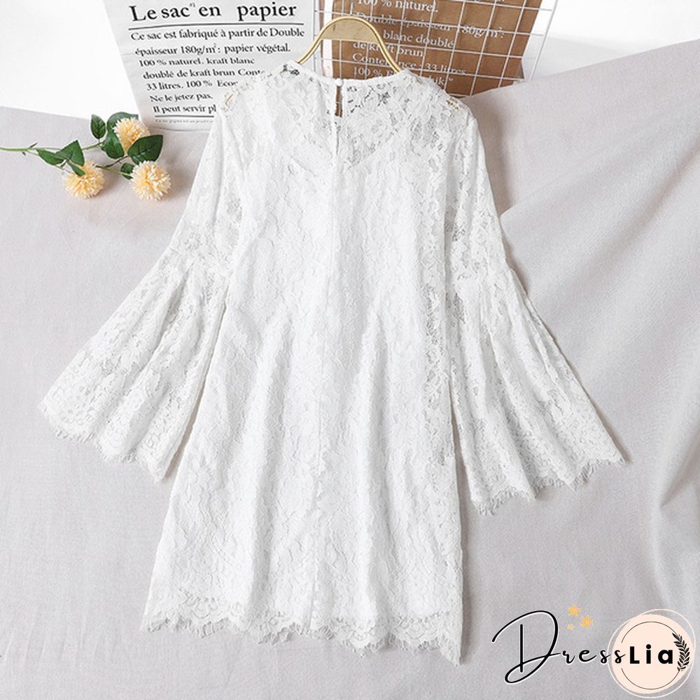 Womens Summer Long Sleeve Lace Crochet Flared Sleeve O-Neck Mini A-Line Dress