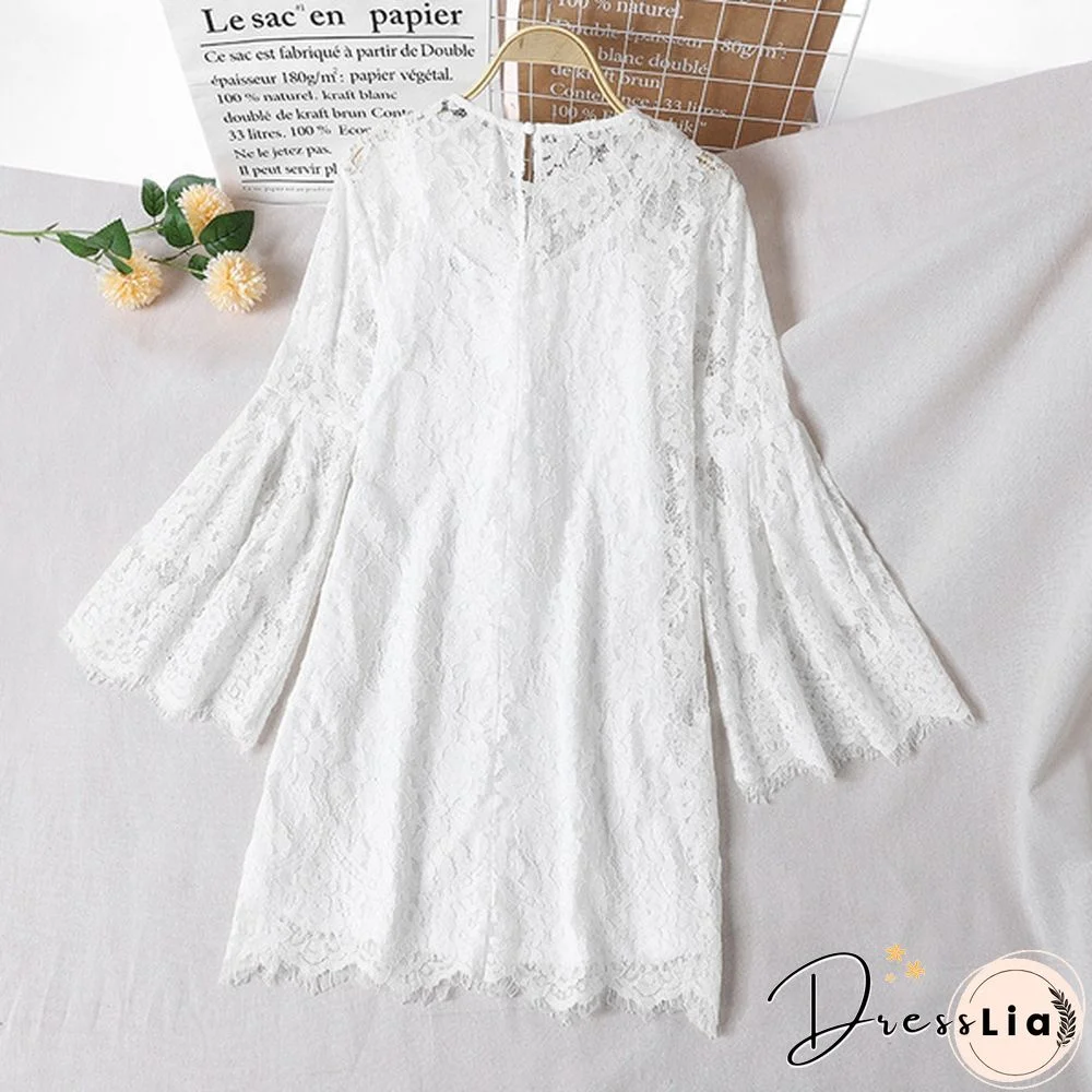 Womens Summer Long Sleeve Lace Crochet Flared Sleeve O-Neck Mini A-Line Dress
