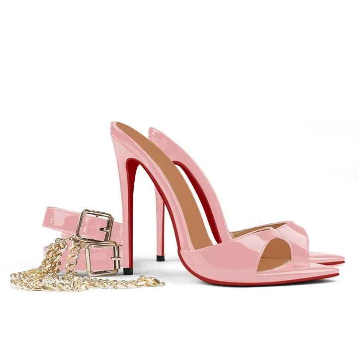 120mm Women's Sandals Removable Chain Ankle Strap Pointed Toe Mules Heels-vocosishoes