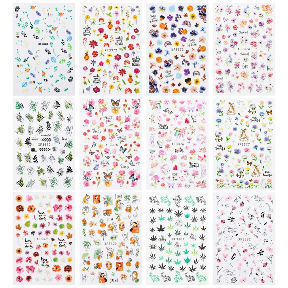 12 Sheets 3D Nail Stickers Colorful Floral Green Leaves Flower Design Spring Summer Decals Slider Colorful DIY Nail Art Decorate