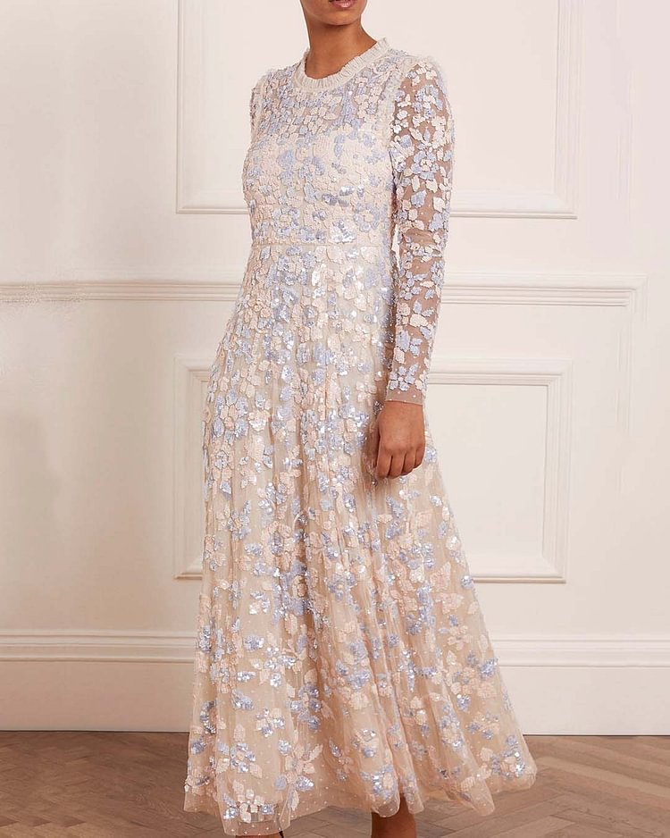 Elegant Floral Sequin Long Sleeve Dress Gown