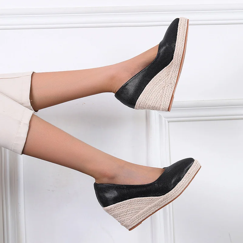 Wongn Wongn And Autumn Slope With Shallow Single Shoes Female Platform High Heel Pointed Grass Hemp Rope Bottom