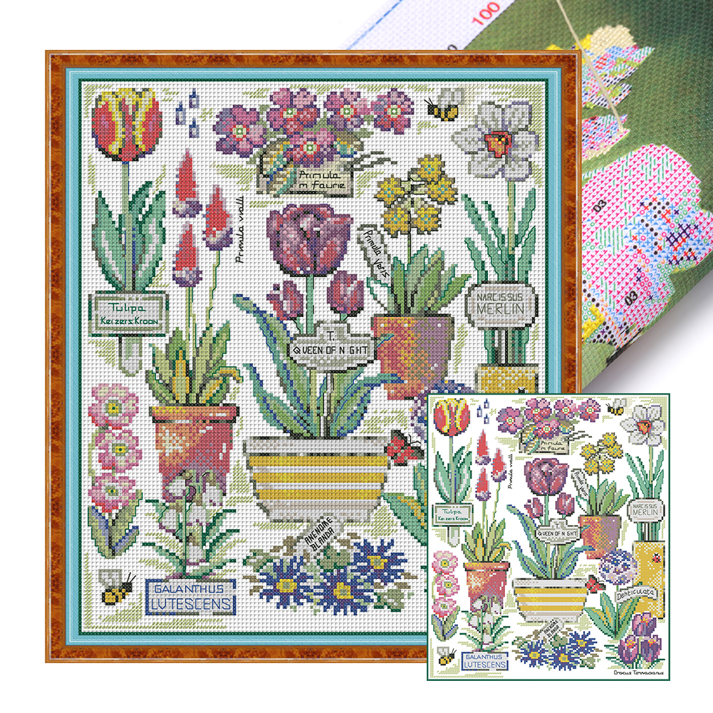 14CT Partial Stamped Cross Stitch Flowers Garden (33*38CM) Embroidery Stamped Counted Cross