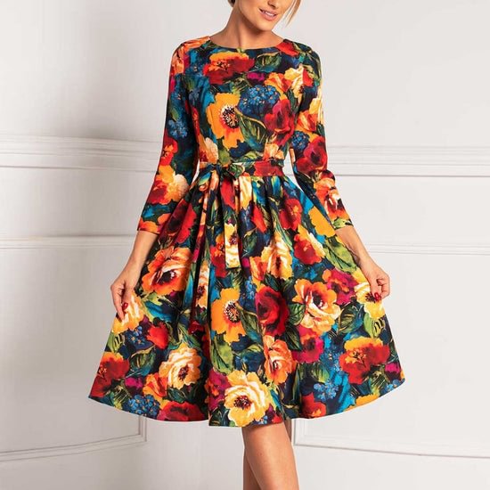 Floral print round neck lace-up holiday dress