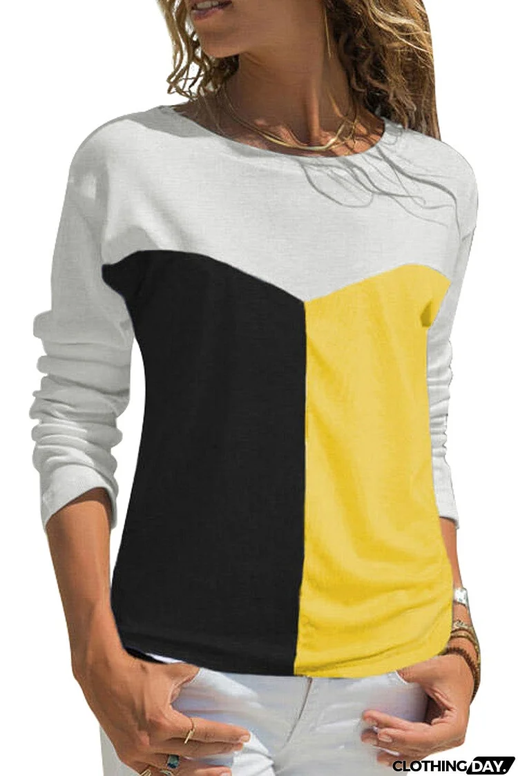 Color Block Splicing O-Neck Blouse