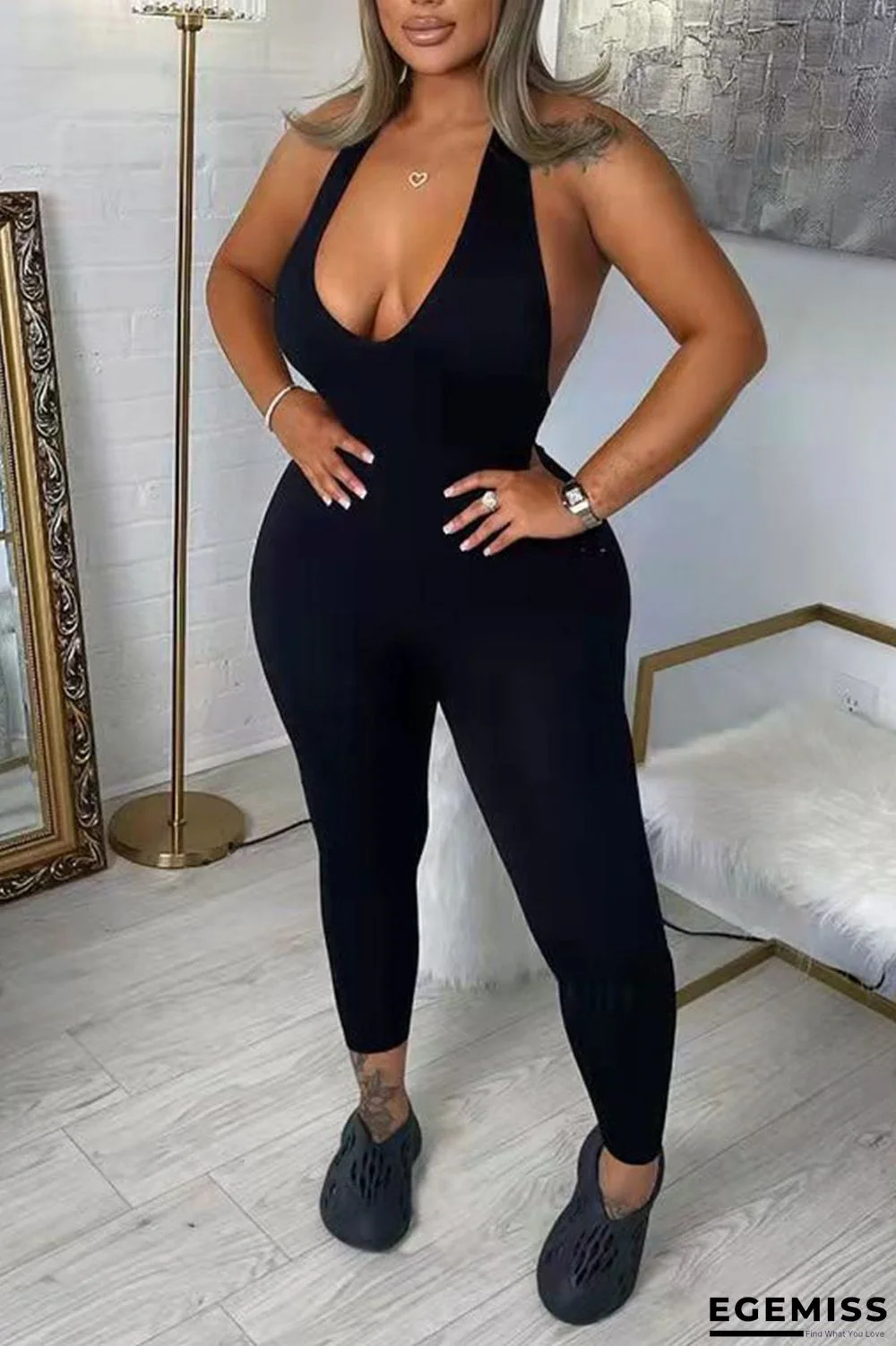 Black Sexy Solid Patchwork Backless Halter Regular Jumpsuits | EGEMISS