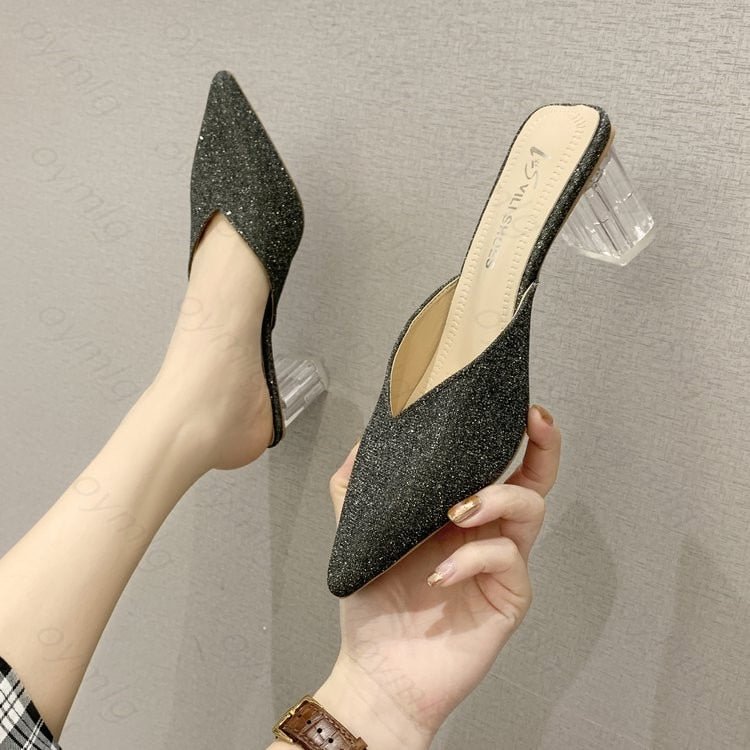 Baotou Half Drag Women's Summer Wear 2021 New Korean Thick Heel Pointed Sequin Fashion Crystal Heel Shoes