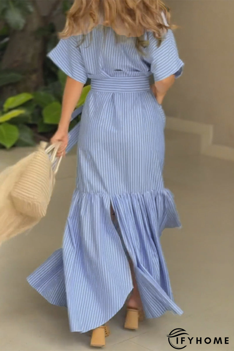 Casual Daily Striped Print Pocket Lace Up Shirt Short Sleeve Dress | IFYHOME