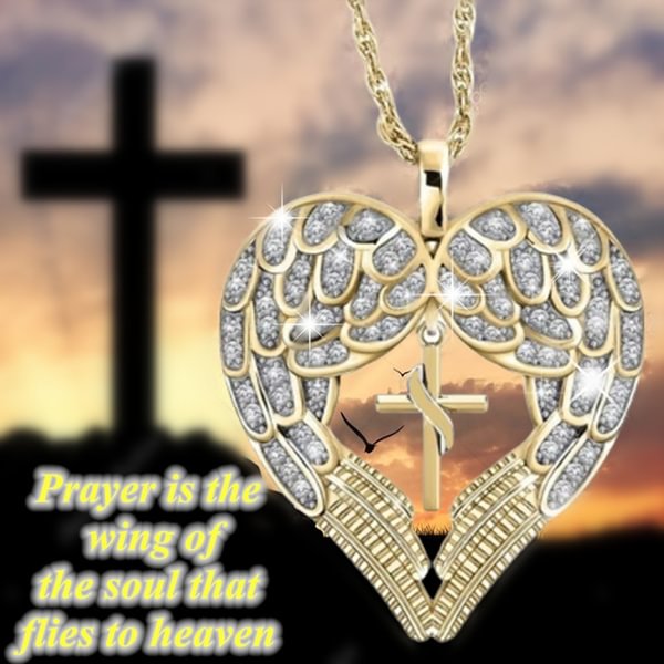 Exquisite Fashion Heart Shaped Diamond Angel Wings Cross Pendant Necklace for Women 18K Gold Necklace Fashion Accessories Angel Wings Cross Jewelry Gift