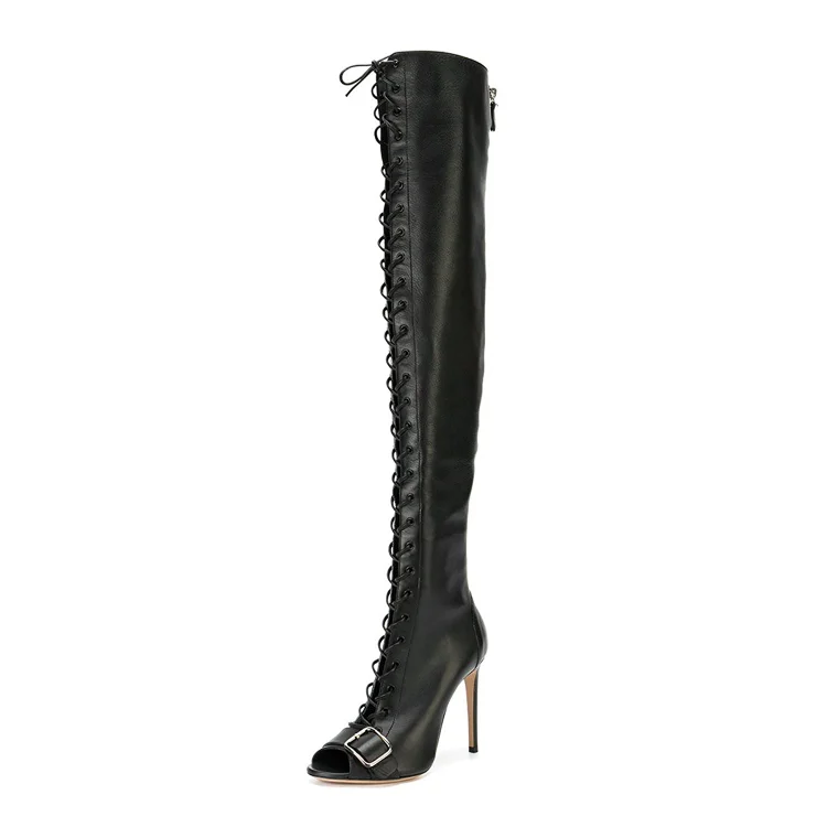 Black Thigh High Lace up Boots Vintage Peep Toe Stiletto Boots |FSJ Shoes