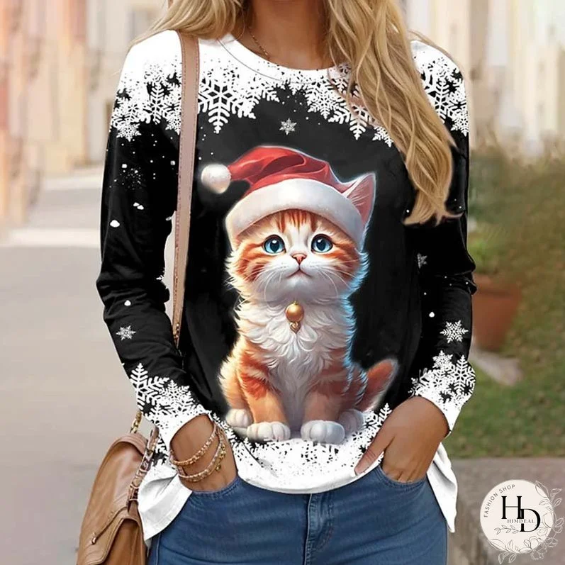 Cat Print Christmas T-Shirt