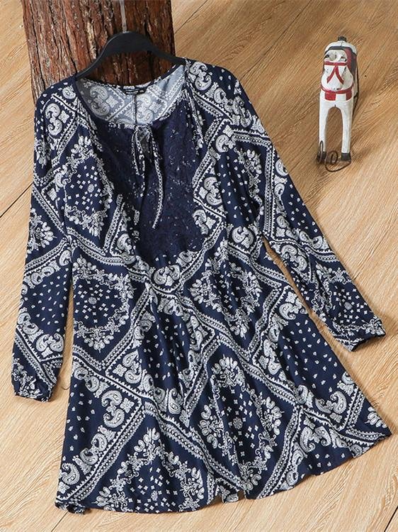 Women Long Sleeve Scoop Neck Floral Printed Graphic Dress